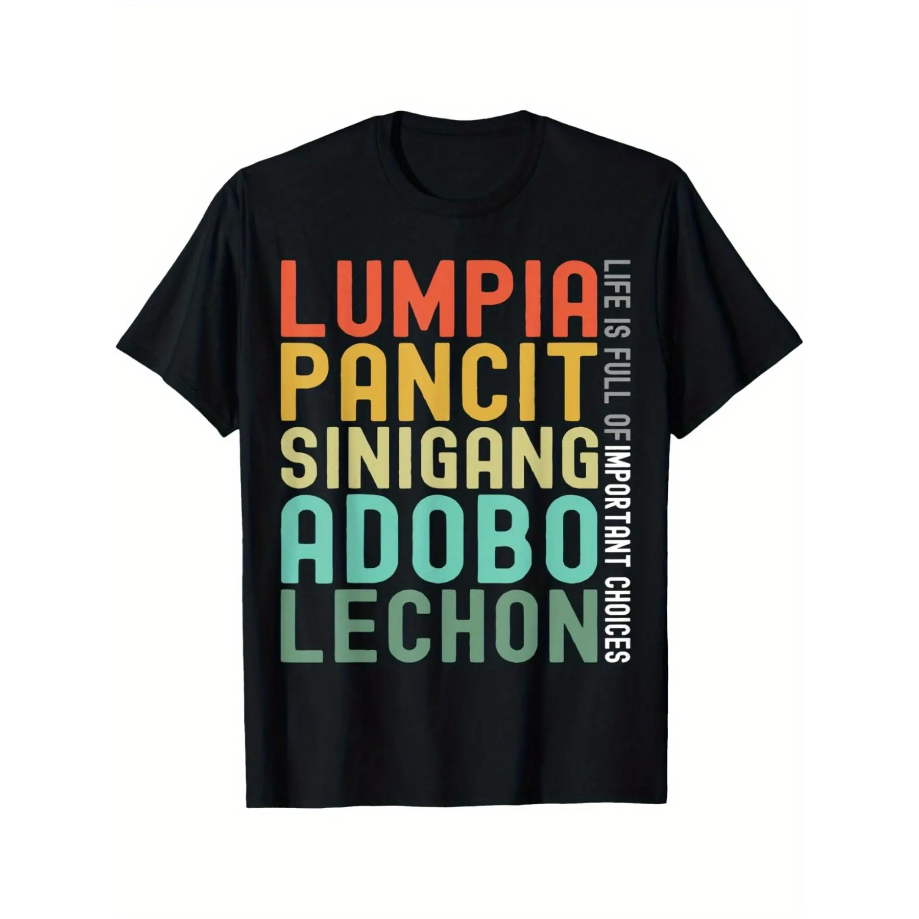 Men'S Casual Philippines Cuisine Graphic T-Shirt - "Pancito Singingang Adobo Lechon" Colorful Print, Knitted Fabric, Round Neck, Summer Te