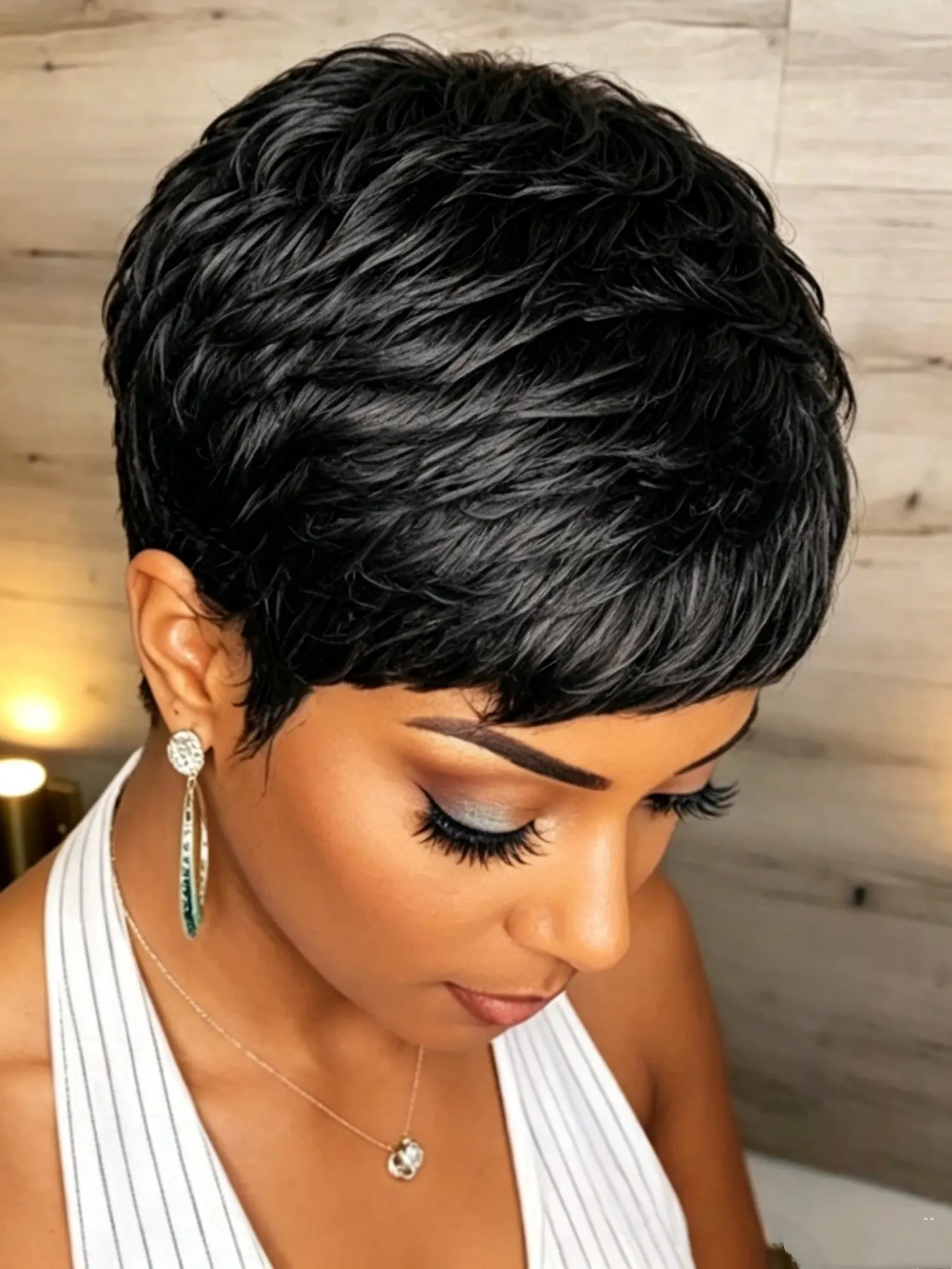 Chic Short Human Hair Pixie Straight Wig with Bangs For Women Daily Wear