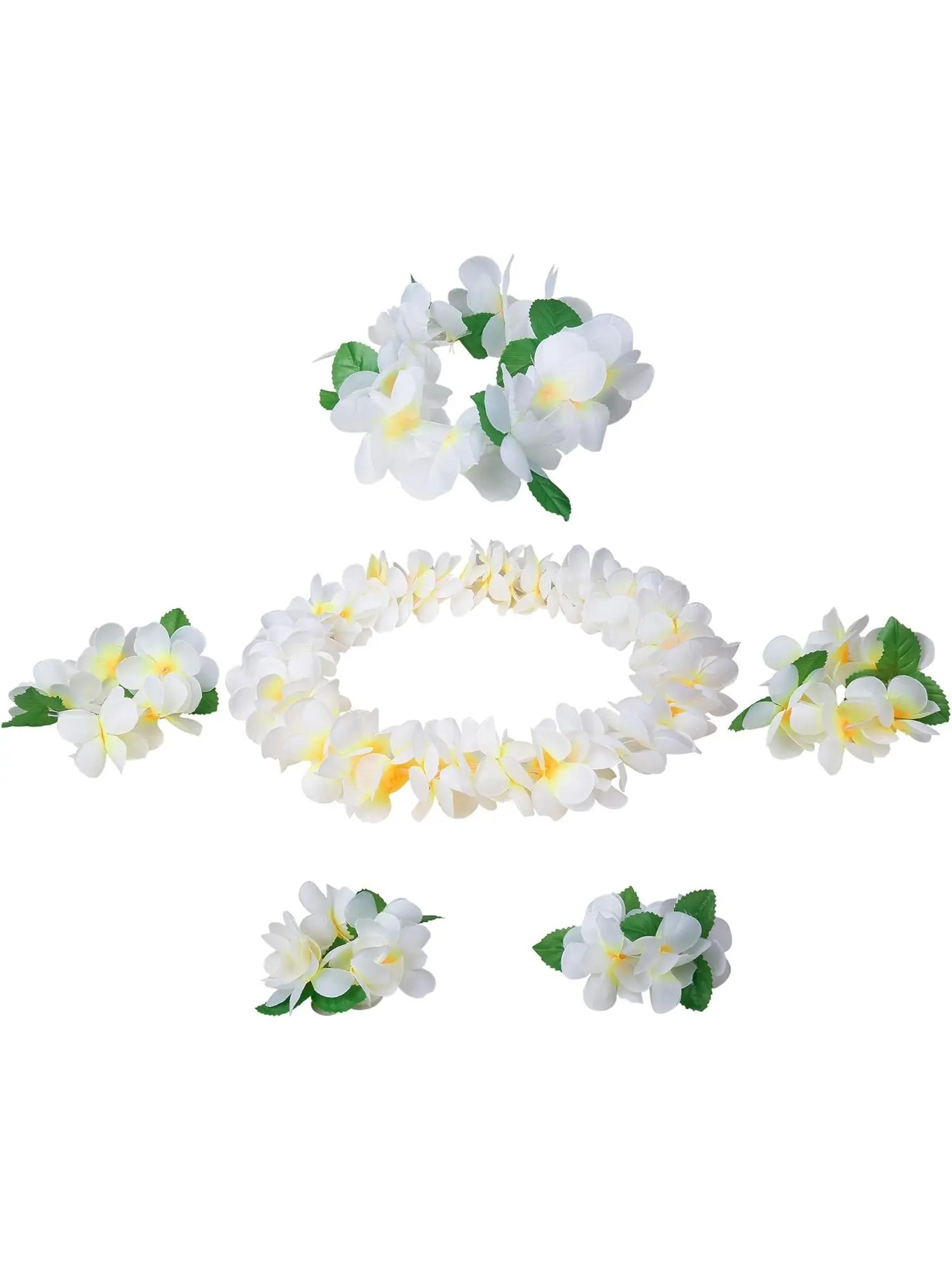 6 Pcs White Plumeria Flower Leis Accessory Set, Complete Accessories Set, for Women Men Hawaiian Floral Garland Set with Necklaces Headbands Bracelets Anklets Adjustable Elastic Artificial Flowers for Luau Beach Party Wedding Events Durable Fabric
