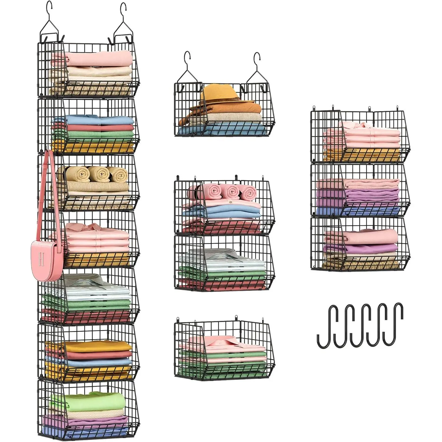 7 Tier Foldable Hanging Closet Organizer and Storage,Wire Closet Shelving with 4 Large Hooks+ 5 S Hooks,Hanging Basket for Clothes Sweaters Shoes Handbags,Small Closet Organizers