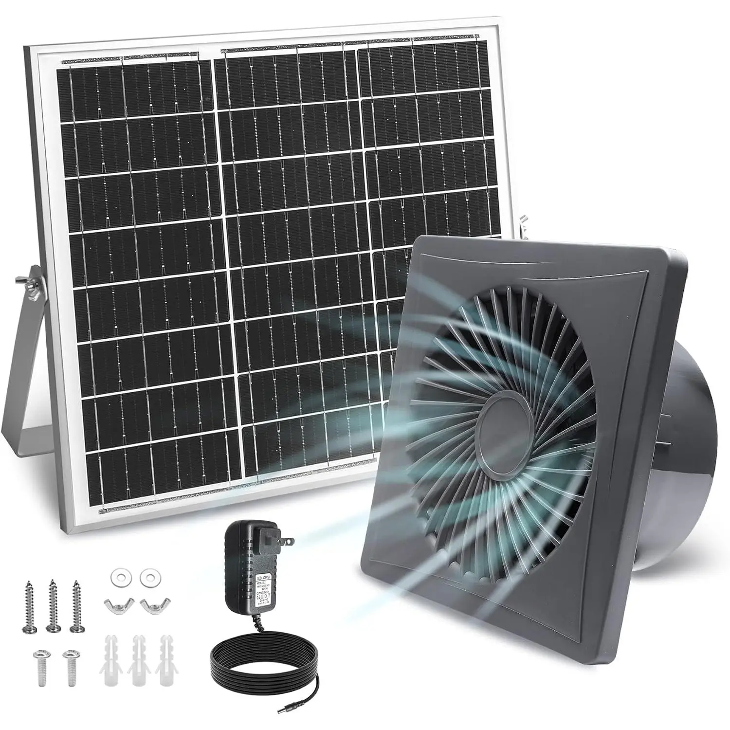 Solar Exhaust Fan, 25W Solar Panel + 8" Ventilation Vent Fan, with Power Adapter, Anti-backflow Valve, High Speed Solar Powered Exhaust Fan with Bracket for Shed, Chicken Coop, Greenhouse, Dog House