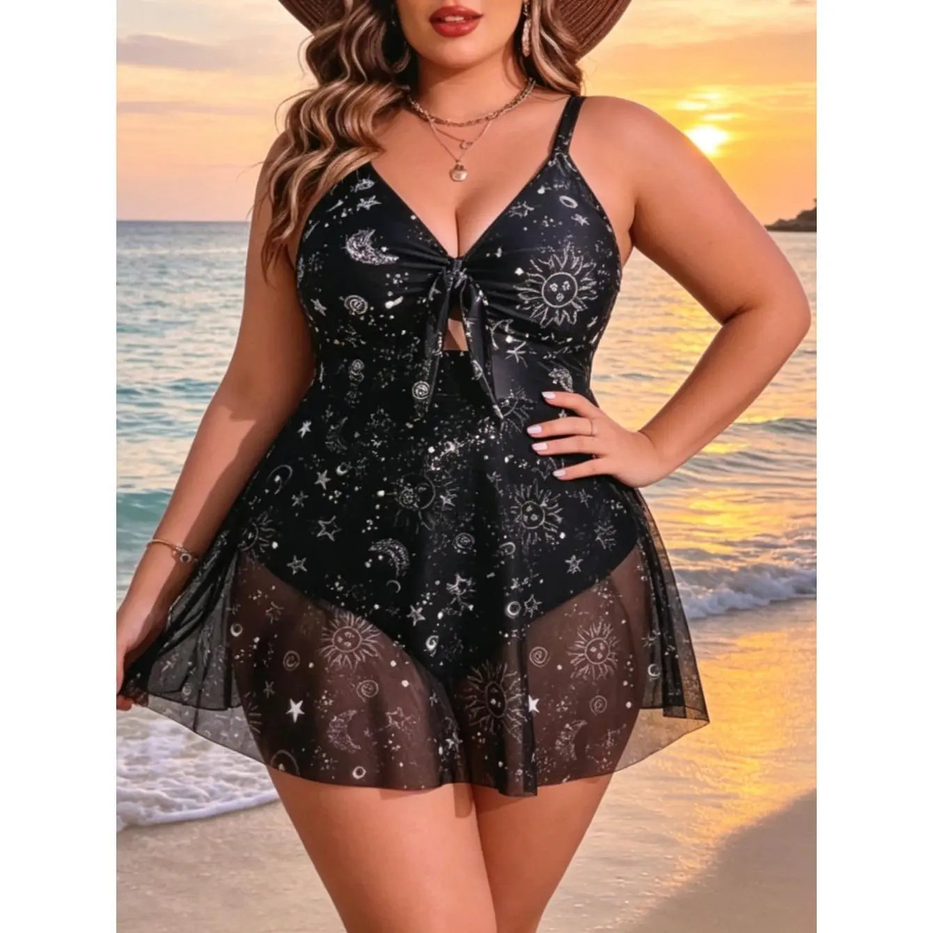 【Plus Size】Women's Plus Size 1-Piece Skirted Swimsuit - Black Sun Moon Star Galaxy Print, Front Tie, Cutout V-Neck, Mesh Ruffle Skirt, Tummy Control for Beach, Pool CurvySwim GalaxySwim SummerBeach
