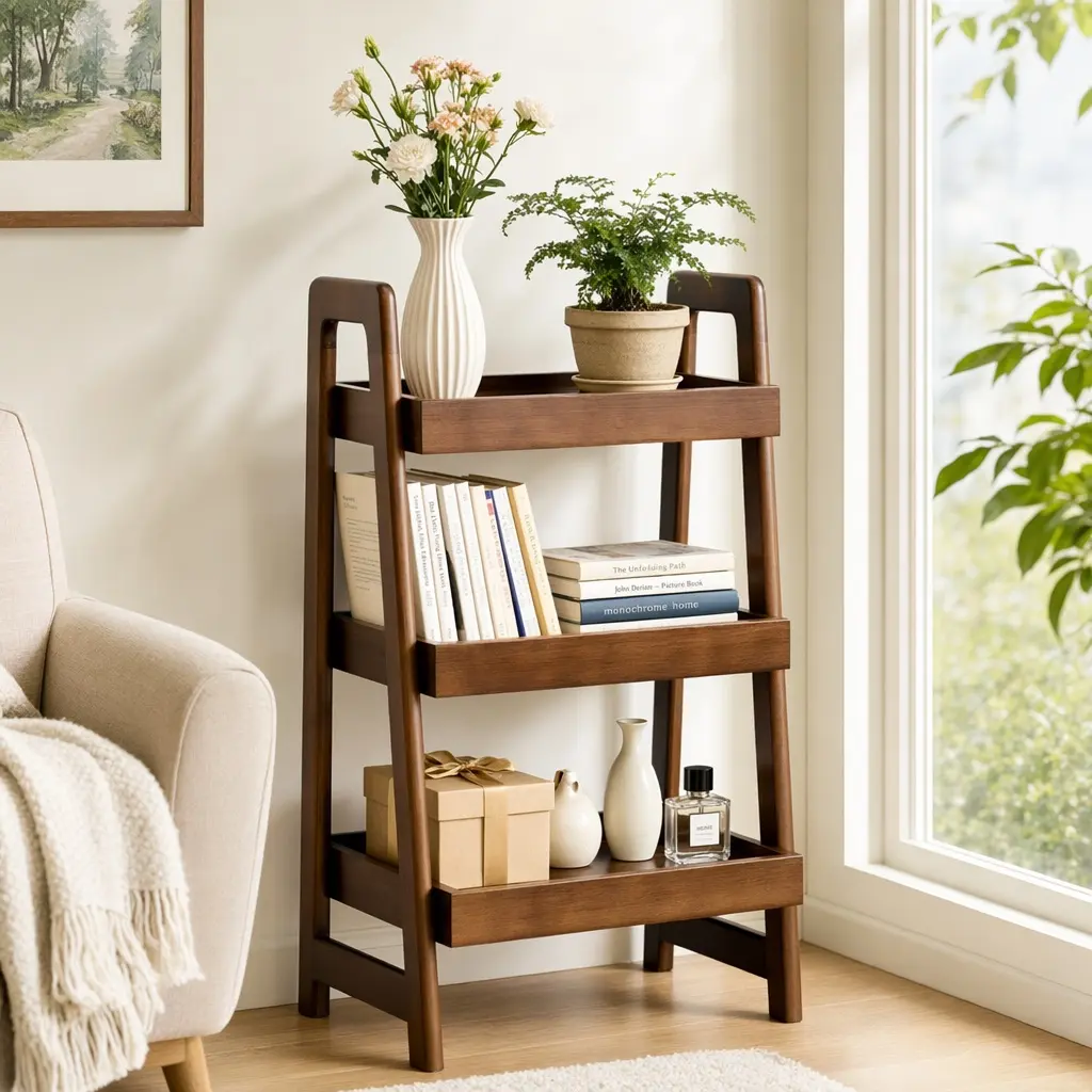 ARCH 3-Tier Solid Wood Ladder Bookshelf - Walnut Mid-Century Contemporary Narrow Width Shelf, 16.94 lb Lightweight Freestanding Open Storage Rack for Collectibles, Small Room Ideas, Living Room/Home Office, 12.6"W x 17.72"D x 31.5"H