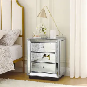 Nightstand End Table Bedside Table with Three drawer cabinet with bead mirror finish, Silver