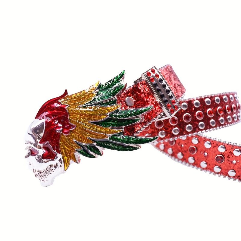 jewelry Rhinestone Black Belt Men Faux Leather Faux Leather PU Black Cross Skull Buckle Revits Belt, Unisex Western Music Festival Embellished Faux Glitter Print Belt With Rhinestone And Rivet, Music Festival Party Wear