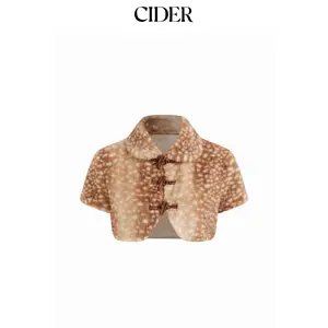 Cider Faux Shearling Collar Deer Print Toggle Button Short Sleeve Jacket Dealsforyou