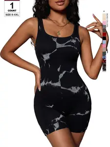 Women Square Neck Sleeveless Tie Dye Romper, Marble Print Soft Stretch Rib Knit, Casual H-Type Bodycon Jumpsuit, All Seasons