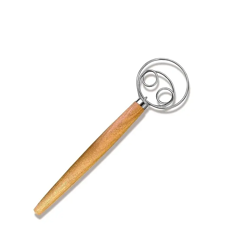 Hand-Made Danish Dough Whisk, Wooden Sourdough Mixer with Stainless-Steel Rings, Perfect for Baking Cakes, Bread, Pizza, Pastries, Cookies