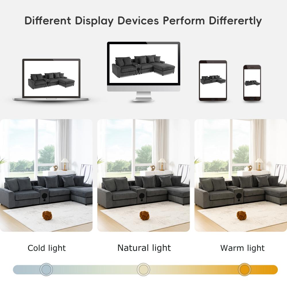 112'' Corduroy Sectional Sofa with Bluetooth Speakers, L-Shaped Couch with Console, USB Charger, Cup Holders, Storage, Ottoman, Deep and Wide Seat Cloud Sofa for Living Room & Apartment