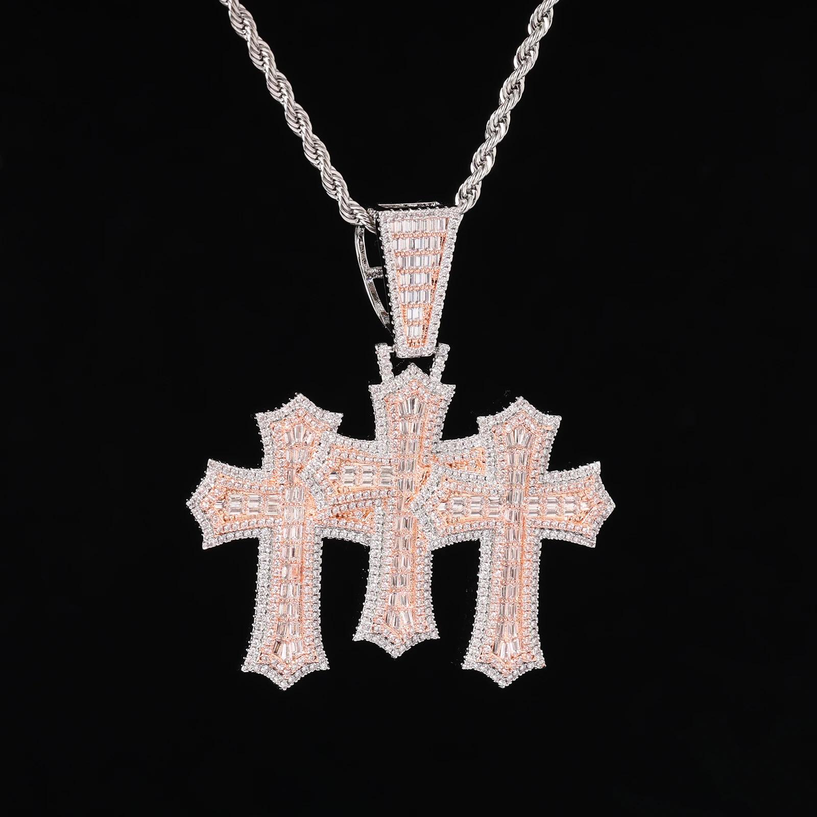Iced Out New Fashion Baguette Triple Cross Clustered Pendant High Quality Triple Micro Pave Bling CZ Charm Pendant Necklace for Men