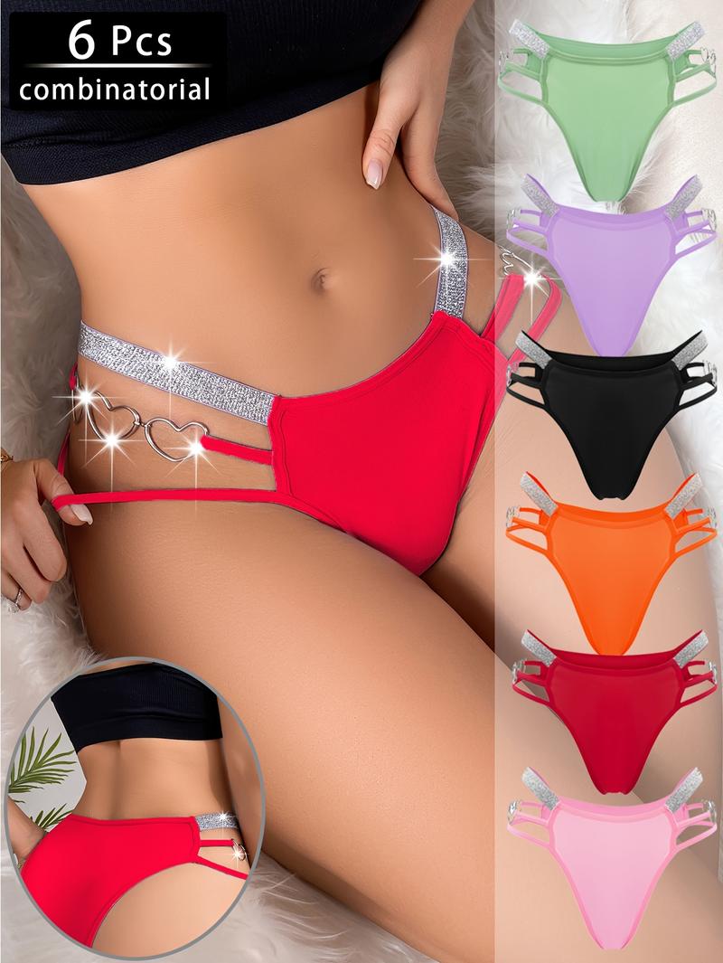 6 Pack Women's Sexy Heart-Shaped Chain Bikini Panties - Mixed Colors, Fashionable Soft Breathable Nylon Blend, Mature Elegant Low-Waist Design, Suitable for Parties and Romantic Dates Swim Knicker