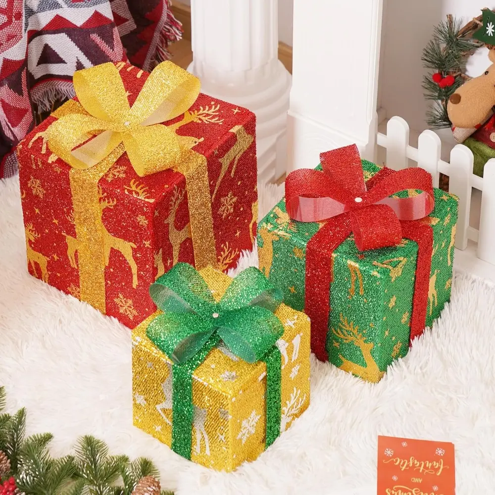 3 Pack 5.9*7.8*9.8in Christmas Gift Boxes, Red Green Blue Deer Printed Decorative Boxes, Dual-use Design. Decorate Christmas Tree, Yard and Porch, Also for Wrapping and Storing Holiday Gifts for Home Seasonal Decor