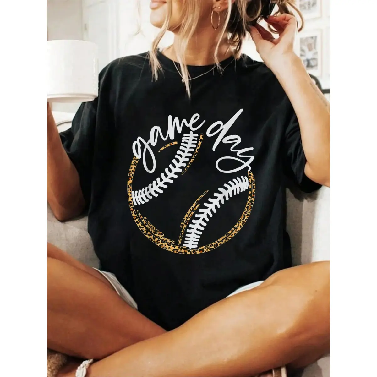 Women's Game Day T-Shirt, Casual Loose Fit Cotton Baseball Mom Tee - Super Soft Short-Sleeve Top for Spring, Summer & Jackets, Style, Shortsleeve, Tshirt, All Seasons, Round Neck, Watch Party, Casual Trendy Tee, Short Sleeves, Loose-Fitting