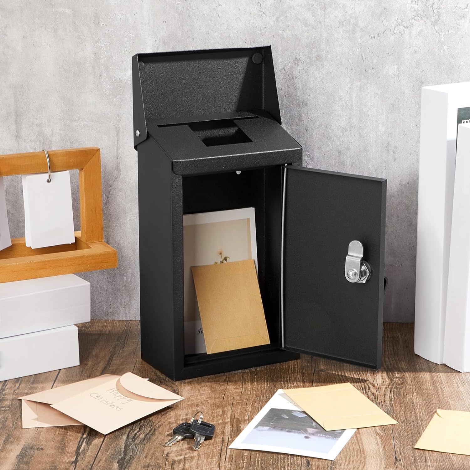 Metal Locking Mailbox Wall Mount Key Drop Mailbox for Outside Suggestion Box  Box Donation Box for  Hanging Secure Postbox with 2  Office Garden(Balck,10 x 5.5 x 3)