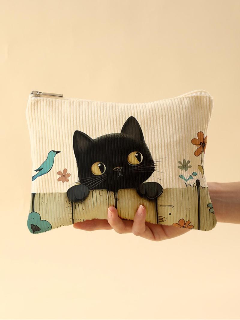 Cat Pattern Corduroy Makeup Bag, Lightweight Zipper Makeup Bag, Multifunctional Makeup Organizer for Toiletries and Accessories