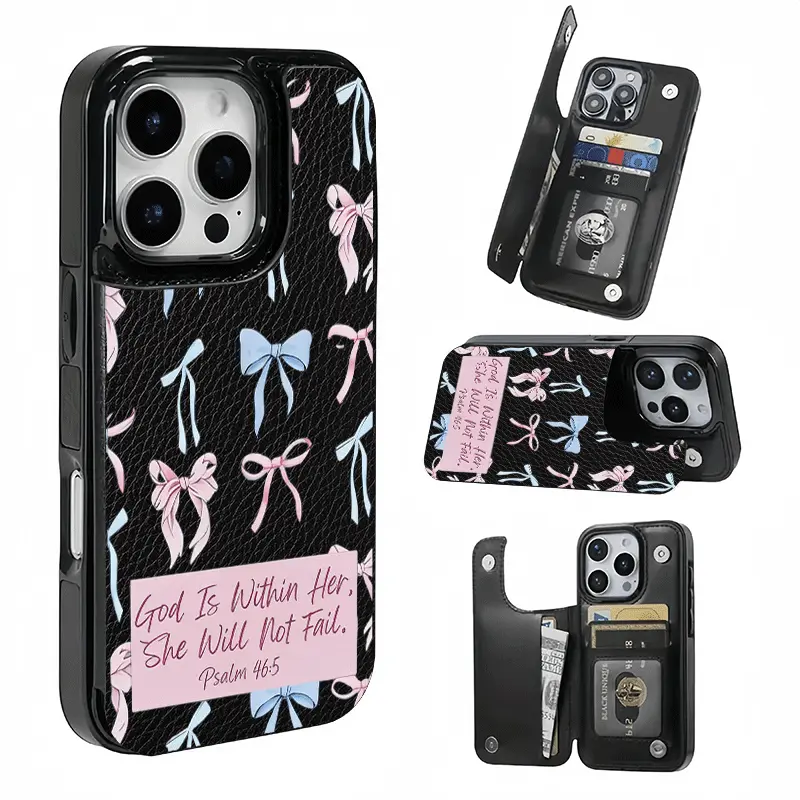 Hand-drawn Pink and Blue Bowknot Style, This phone case features a card slot function, can store bank cards, transit cards and other cards, suitable for iPhone 17/16/15/14/13/12, and makes a great gift for girls.