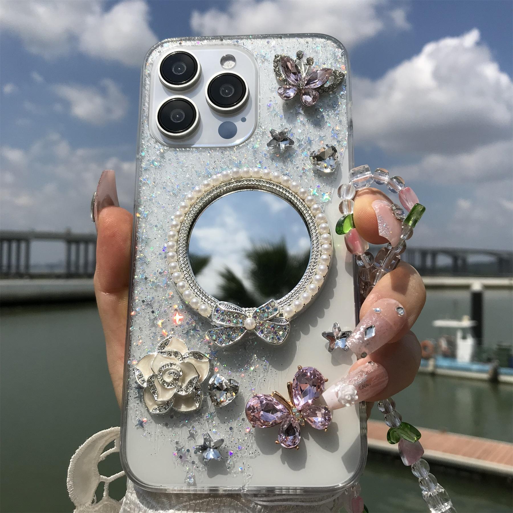 Rhinestone Decor Phone Case, Mirror Flower Butterfly Decor Phone Protective Cover with Lanyard, Phone Accessories Compatible with iPhone 16 15 14 13 12, Decorative Smartphone Protector