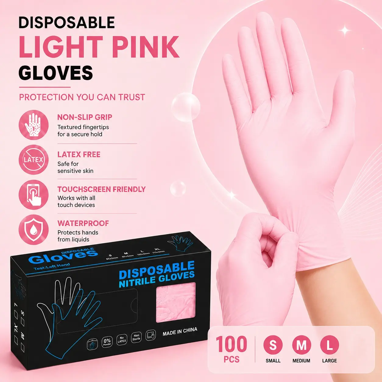100pcs Light Nitrile Gloves Boxed, S/m/l Sizes, Odor-Free, Household Cleaning Gloves, Ideal for Kitchen Cleanup, Tattoo, Manicure, Beauty Salon, Bathroom Cleaning