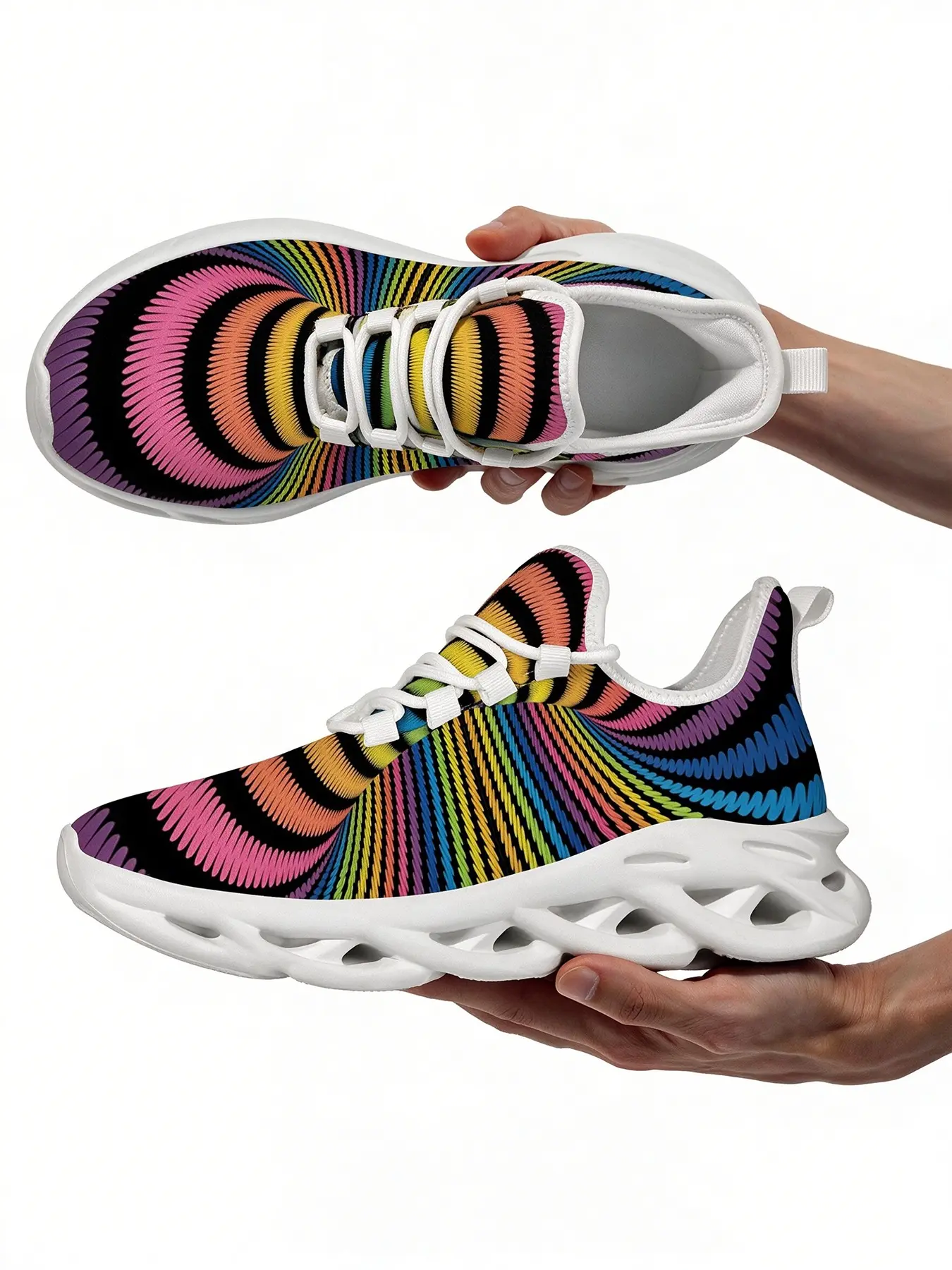 Rainbow Radial Stripe Optical Art Blade Sneakers Men Women Breathable Mesh Lace Up Running Shoes Colorful Abstract Swirl Pattern Non Slip Hollow Sole Streetwear Casual Trainers