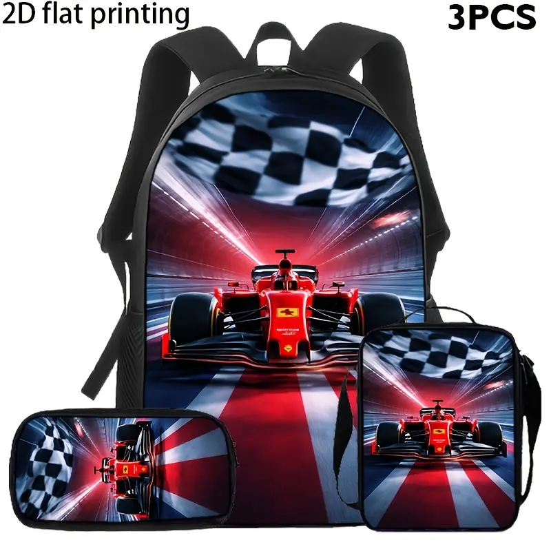 Red Formula Race Car 3-Piece Backpack Set, Checkered Flag School Bookbag with Matching Lunch Bag and Pencil Case, Racing Backpack for Boys Girls Teens, Driver Gift, School Travel Racing Daypack Gift