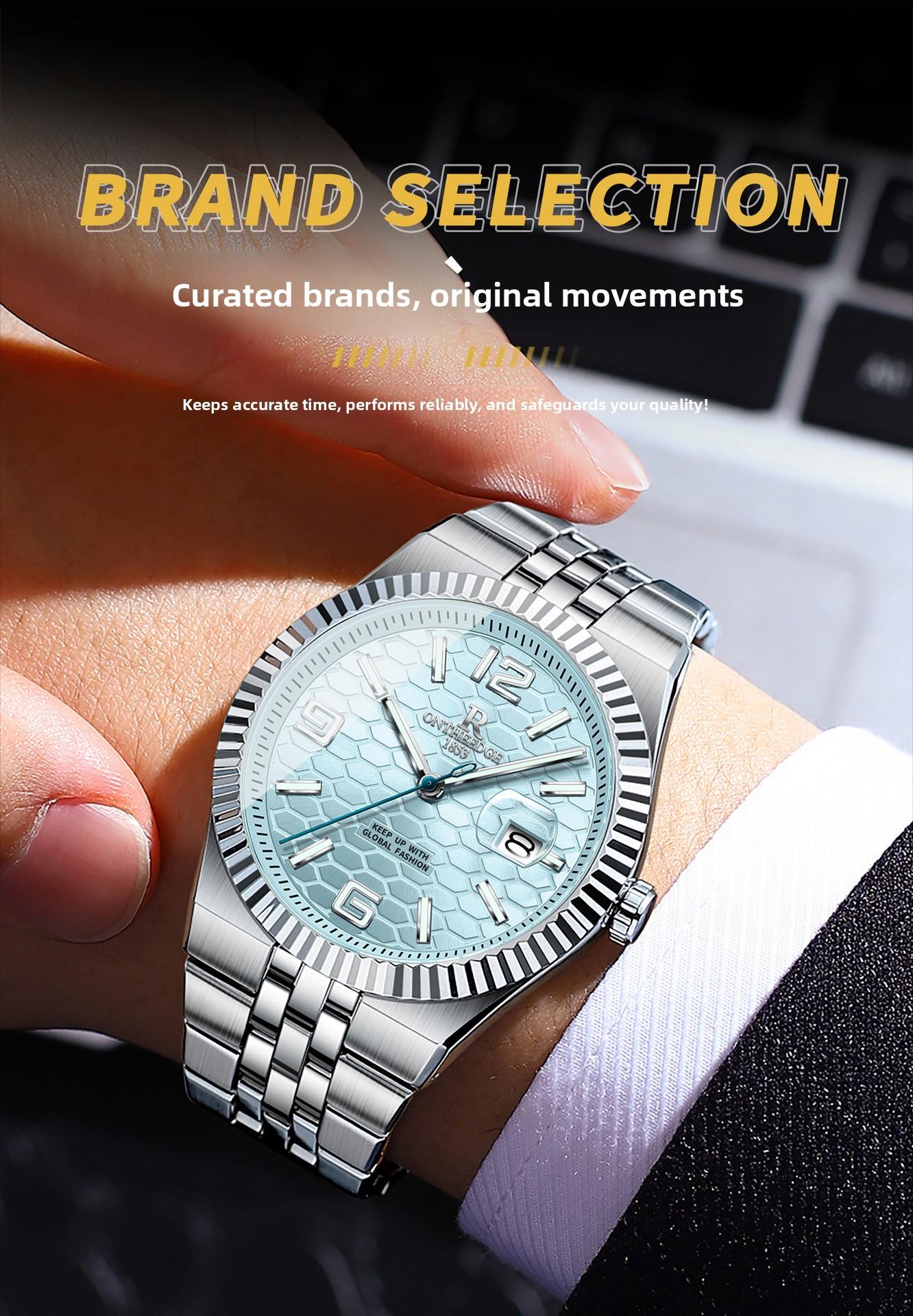 Men's Luxury Silver Stainless Steel Quartz Watch - Ice Blue Textured Dial with Fluted Bezel, Date Display, Luminous Hands, Elegant Business Dress Wristwatch, Perfect Gift for Him