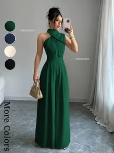 Ladies Halter Neck Waist Cinched Wide-Leg Jumpsuit with Pockets, Elegant Slimming High Waist Dress for Cocktail Parties and Wedding Guests, European Light Mature Style, Dinner Dress, Womenswear