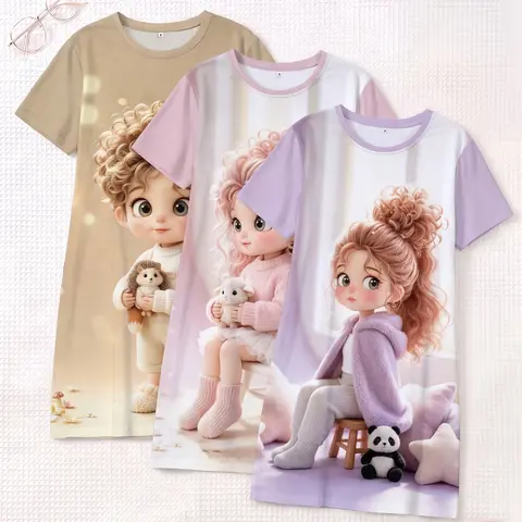 3-Pack Women's Nightdresses, Round Neck Short Sleeve, All-Season Comfortable Breathable, Cute Cartoon Print, Casual Home Wear, Pajama Dresses