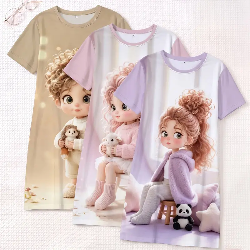 3-Pack Women's Nightdresses, Round Neck Short Sleeve, All-Season Comfortable Breathable, Cute Cartoon Print, Casual Home Wear, Pajama Dresses