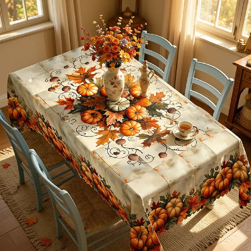 Autumn Pumpkin Harvest Tablecloth with Maple Leaves, Mushrooms and Rustic Farmhouse Accents, polyester for Dining Events and Fall Decor, Machine Washable, Multi-Size, Table Protection, Clearance Sale