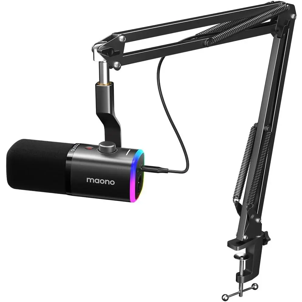 XLR/USB Gaming Microphone for PC, Dynamic Computer Mic for Streaming Podcasting, Noise Reduction, Mute, Volume Control, RGB Boom Mic for Vocal Recording,Voice-Over, PD100XS Black