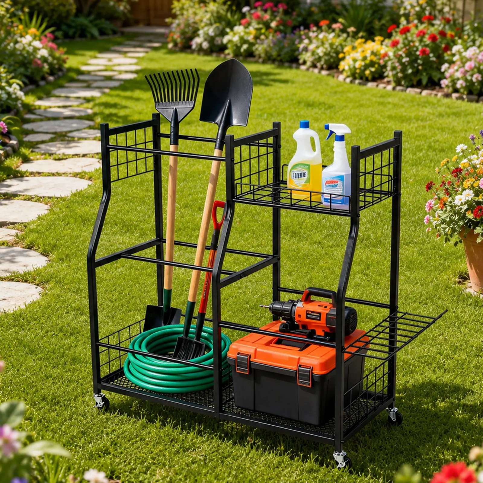 Garden Tool Organizer Stand with Lockable Wheels – Garage Storage Rack Fits Long-Handled Tools, Rakes, Brooms, and Shovels