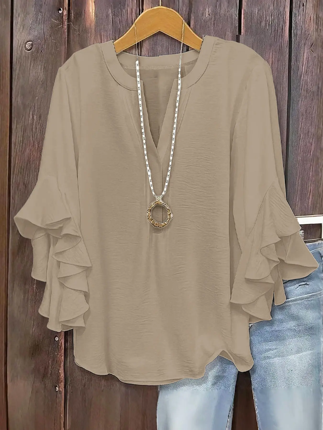 Solid Color Loose Fit Casual Ruffle Three-Quarter Sleeve Fashion V Neck Plus Size Women's Top Blouse Shirts, Comfortable and Stylish Daily Wear