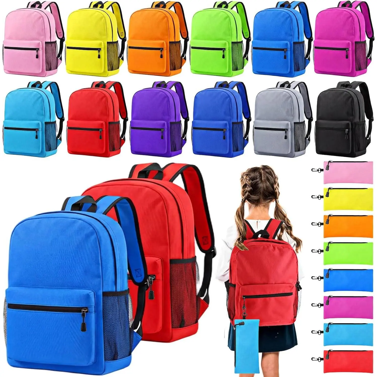 12 Pcs School Backpacks with 12 Pencil Pouch | 15.7 Inch, Bookbags Bulk, Back to School Supplies, Lightweight
