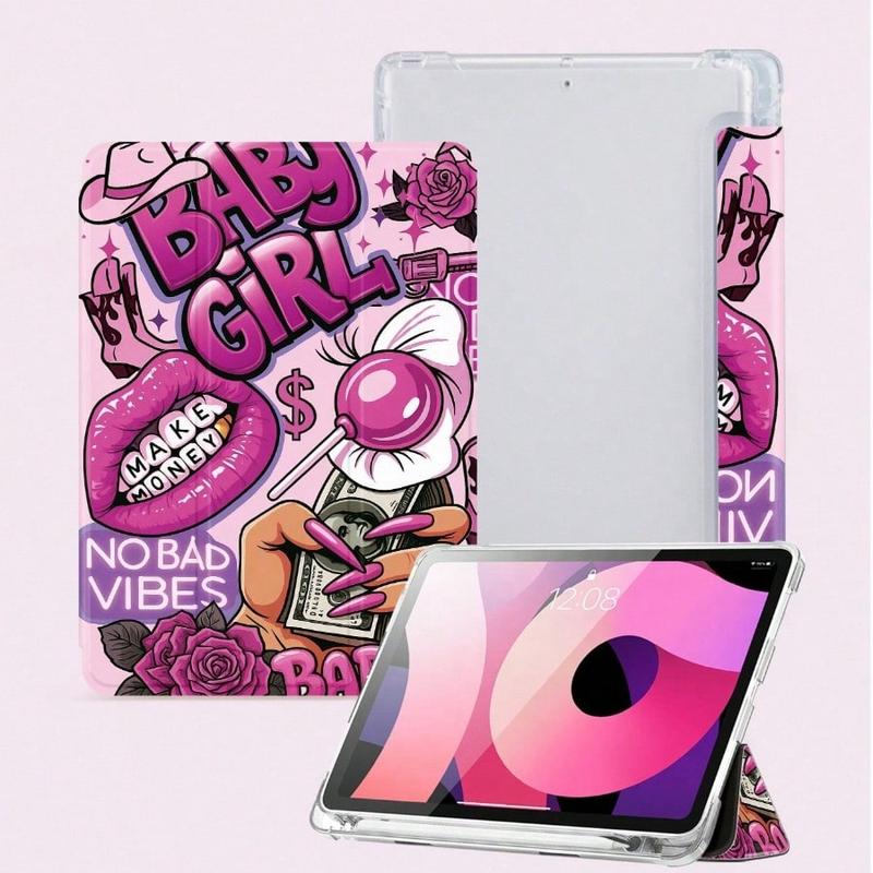 Pink European-Style Soft Edge iPad Case, Built-in Stylus Slot & Flip Stand, Auto Sleep/Wake, Shockproof Anti-Slip, Valentine & New Year Gift, for iPad 10/11th Gen/A16/Pro/Air/Galaxy Tab S9 FE+, Unisex