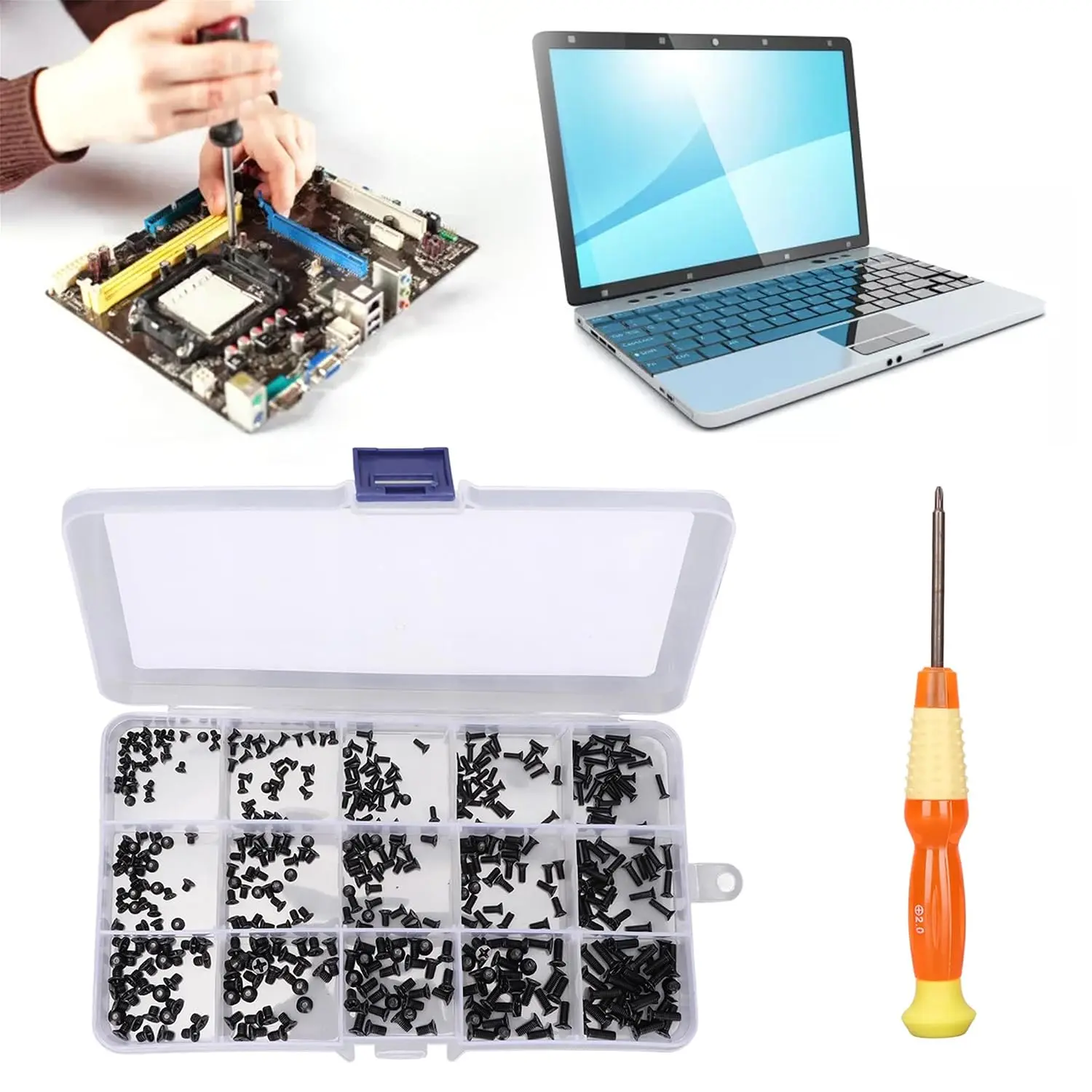 450 count Laptop Screws Kit, 15 Sizes M2 M2.5 M3 with Storage Box | Includes M2, M2.5 and M3 screws in 15 sizes, 30 count each; labeled box keeps laptop and electronics repairs organized