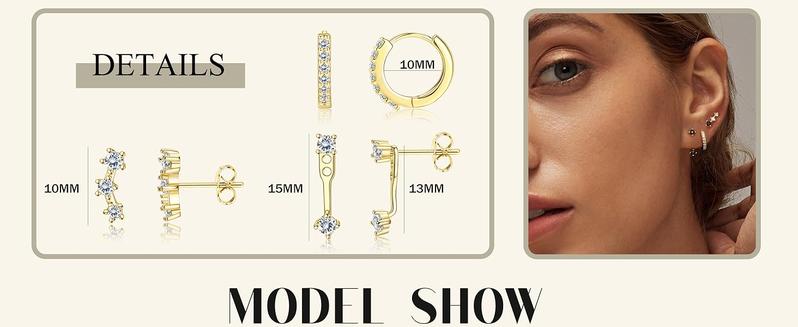 3 Pairs Earrings for Women , Earrings Stacks for Multiple Piercing Dainty Cartilage Huggie Hoop Earrings Hypoallergenic Small Cubic Zirconia Stud Hoop Earrings Set