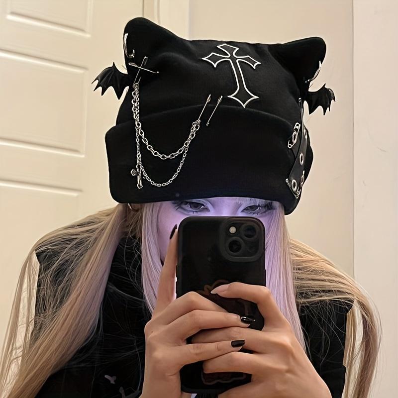 Women’s Gothic Cat Ear Beanie with Punk Chain & Bat Charm, Y2K Grunge Winter Cap, Adjustable, Machine Washable, Black Streetwear Accessory
