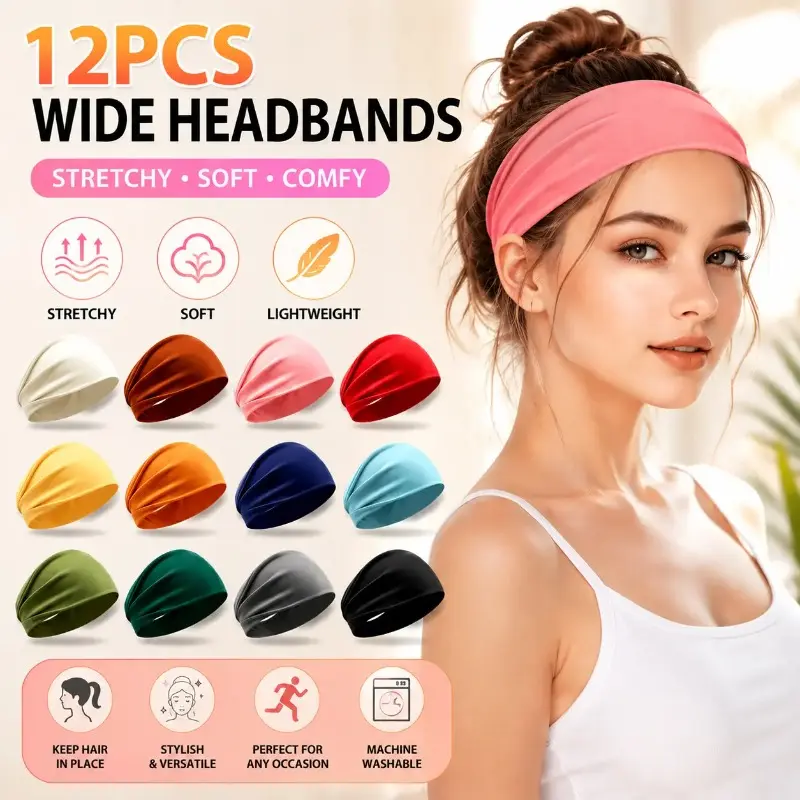 Non Slip Elastic Headbands (12-Pack) - Polypropylene Athletic Headbands for Workouts, Training & Daily Use, Non Slip Headbands