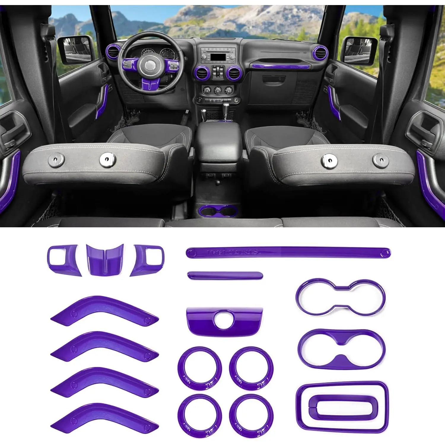 18PCS Full Set Interior Trim Kit for Jeep Wrangler JK JKU 2011-2018 4 Door,Center Console Door Handle Side Outlet Cup Holder Gear Cover Trim (Purple), 1* Arm Rest Latch Cover, 1*Handbrake Trim