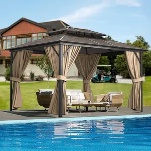 Durable Double Roof Hardtop Pergola - 10x13 FT Aluminum Frame Outdoor Gazebo - Mesh Netting & Curtains - All-Weather Permanent Metal Canopy for Garden, Patio, Deck, Poolside, Khaki
