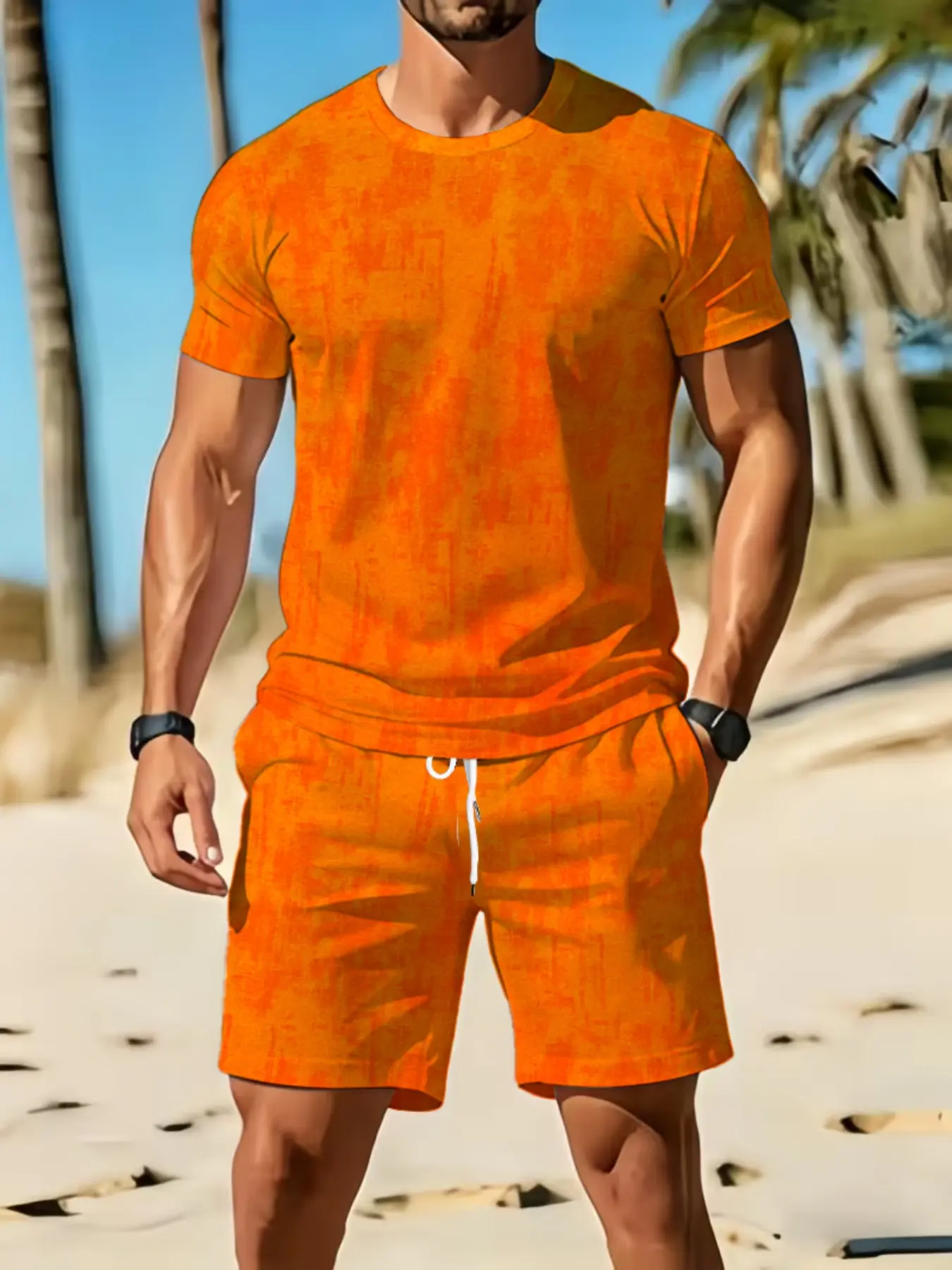 Men's Textured Solid Breathable Short Sleeve Shorts Set, Round Neck Loose Fit T-Shirt, Drawstring Five-Finger Beach Shorts, Summer Vacation Casual Sports