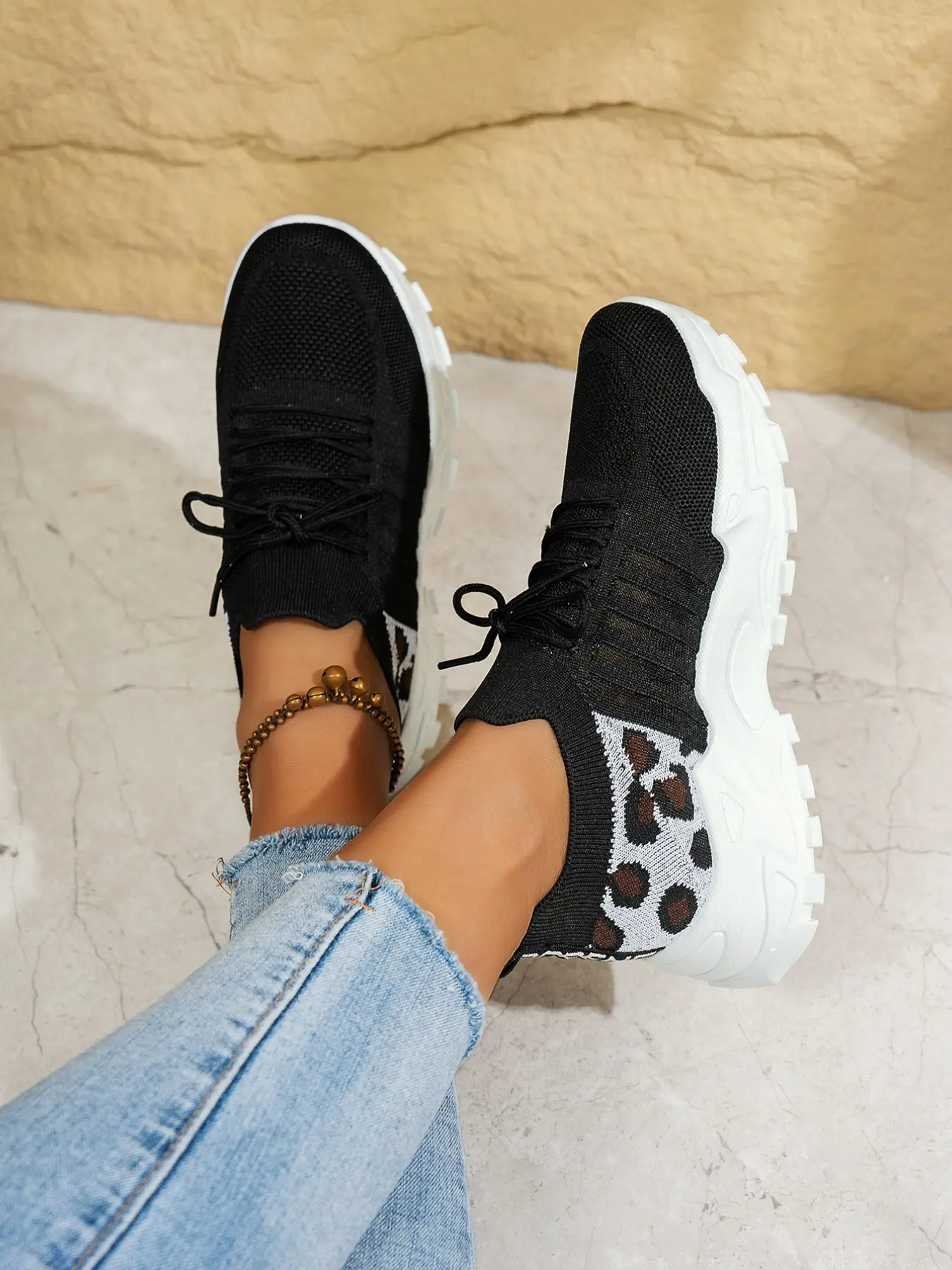 New Women's Thick Sole Casual Shoes, Leopard Pattern Knit Mesh Dad Sneakers, Breathable Lightweight Anti-Slip Shockproof Running Shoes