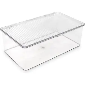 Medium Stackable Organizer Bin (10.75”x6.5”x3.7”) w/ Hinged Lid, Clear Storage Box, Home, Office, School, Fridge, Bathroom, Kitchen, Pantry Container, BPA-Free, Food Safe (Medium, Clear)
