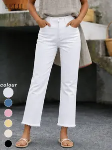 New Spring Summer Women's Fashion Simple Slim Fit High Waist Nine-Inch Pants, Small Straight Leg All-Season Commuter Frayed Hem Jeans