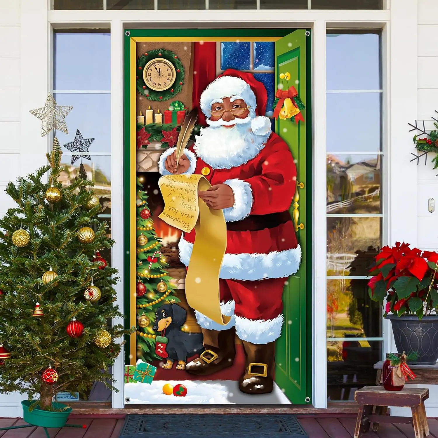 Christmas Black Santa Claus Door Cover Christmas   Front Door Banner Santa  Background for Xmas Winter Holiday Merry  Year Wall Window Decorations