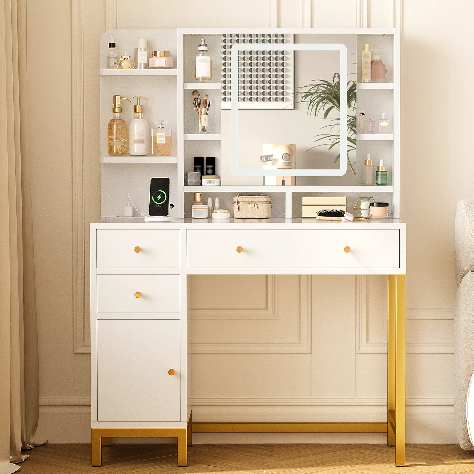Lighted Adjustable White Acrylic Makeup Vanity Desk - Stand-Alone Unit with 3-Color LED Mirror, Built-in Power Outlets & USB Ports, Organized Storage Drawers & Cabinet for Bedroom Dressing Room, Organized Storage Makeup Vanities, Bedroom Decor, Warm Yello