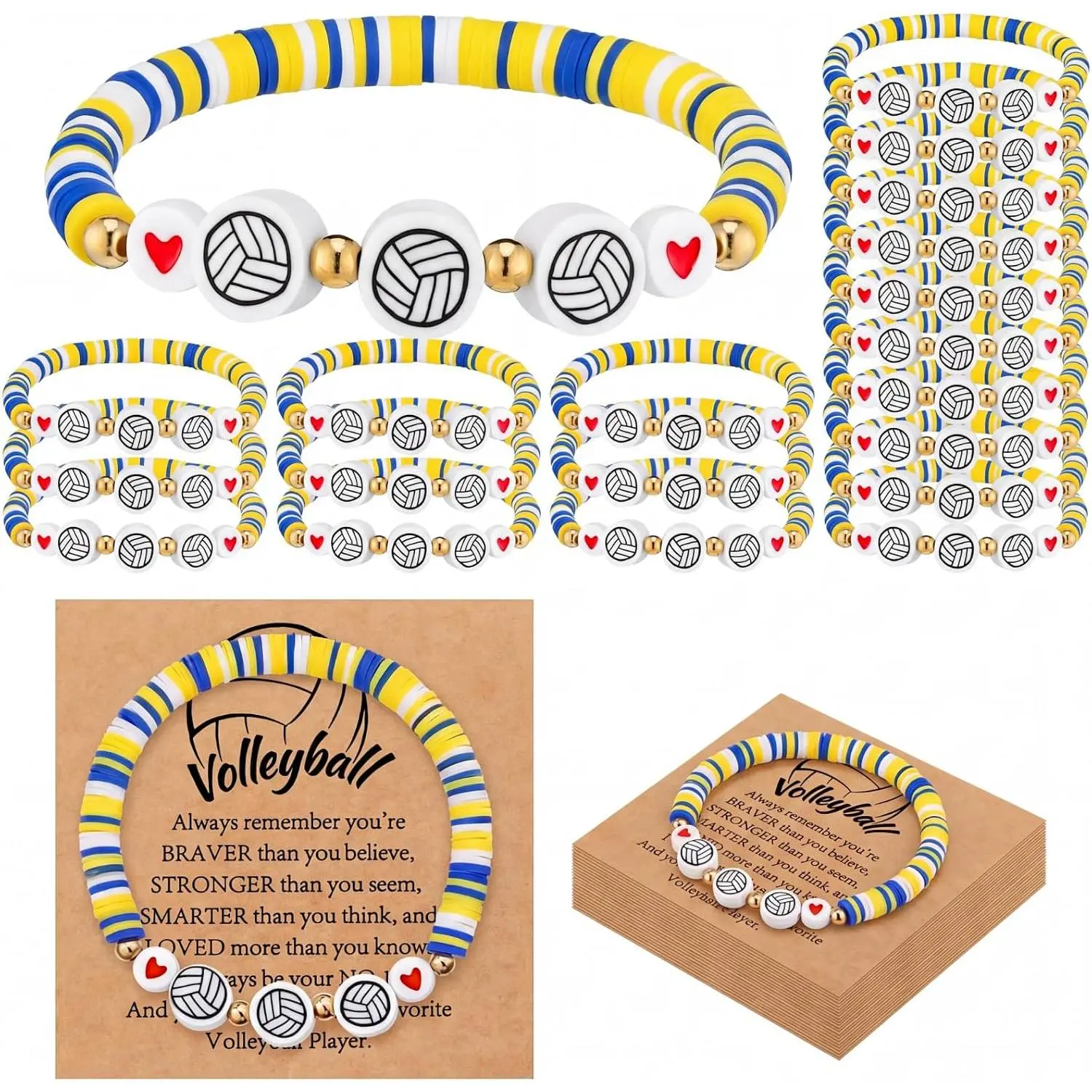 20 Set Volleyball Team  Bracelets Bead Ball Bracelet Bulk Adjustable Charm Bracelets with Inspirational Card  Party Favor Charms for Volleyball Team Players
