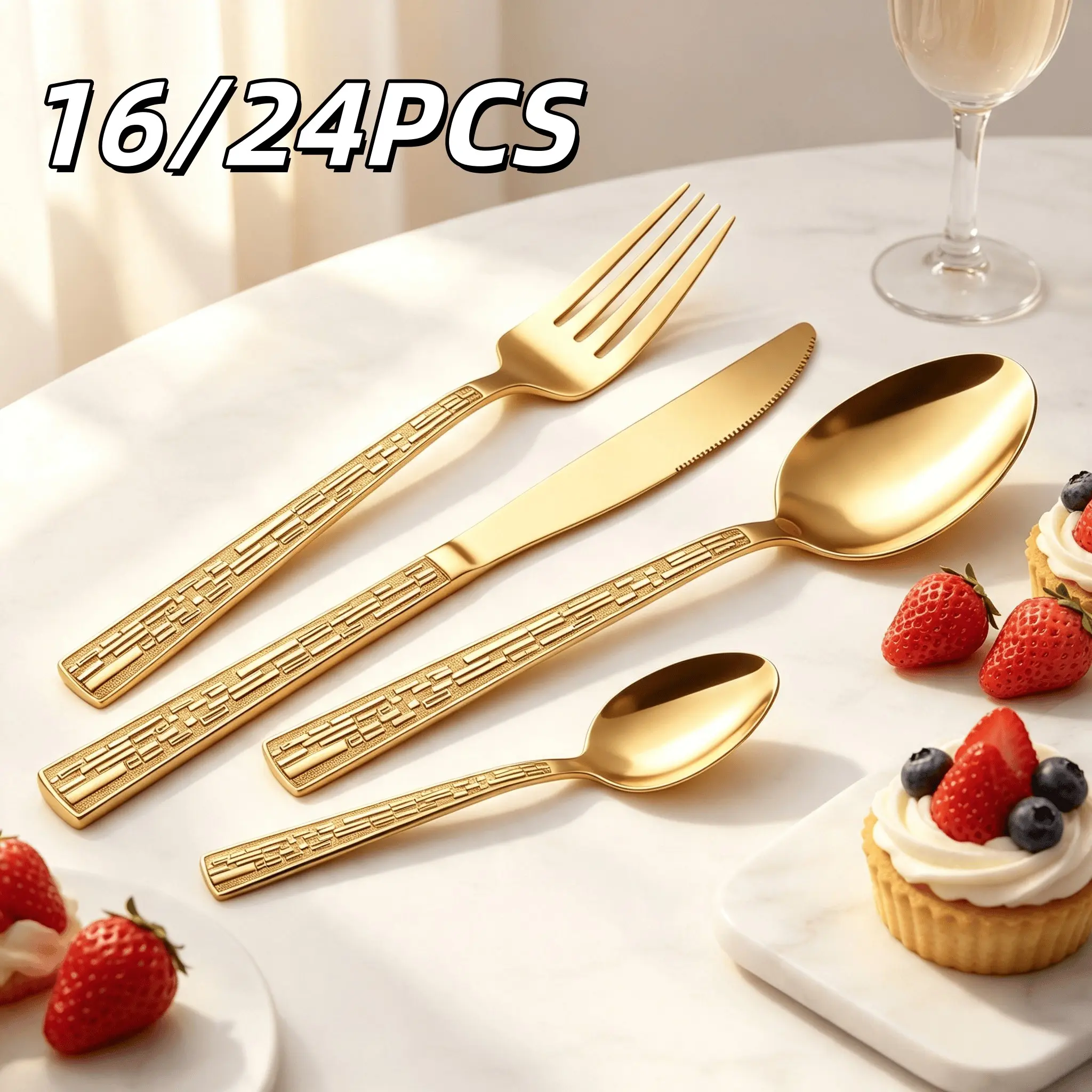 16/24Pcs Gold Stainless Steel Flatware Set with Knife, Fork, Spoon & Teaspoon, Vintage Embossed Grid Style, Mirror Polished Rustproof Dishwasher Safe, Ideal for Home Dining, Weddings, Parties & Restaurant Use