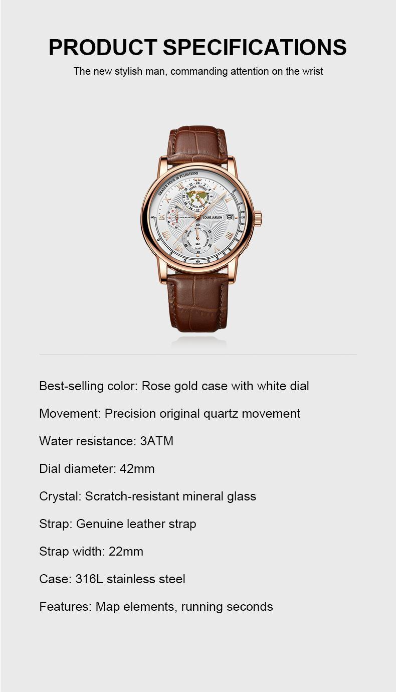 Men's Navigator high-end fashion watch: Swiss original movement, 42mm dial, leather strap, stainless steel case, waterproof luminous function, scratch and knock resistant, suitable for parties, business meetings, casual wear.