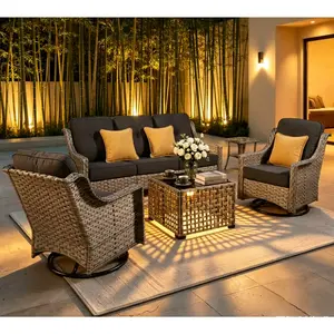 [Deals For You]Ovios 5-Piece Outdoor Patio Furniture Set with 3-Seat Sofa & Swivel Rocking Chair, All-Weather Wicker Rattan Conversation Set with Solar LED Coffee Table for Backyard, Porch & Poolside
